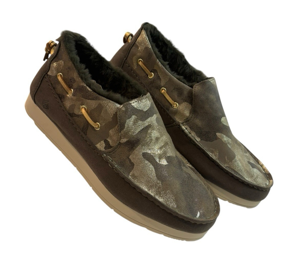 Sperry Women’s 8.5 Metallic Olive Camo Faux Fur Lined Boat Shoes Loafers